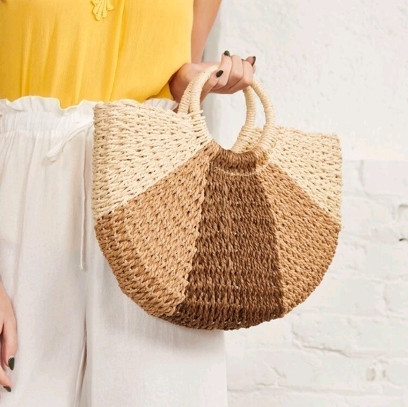 Color Block Top Ring Straw Bag - Picture 3 of 4